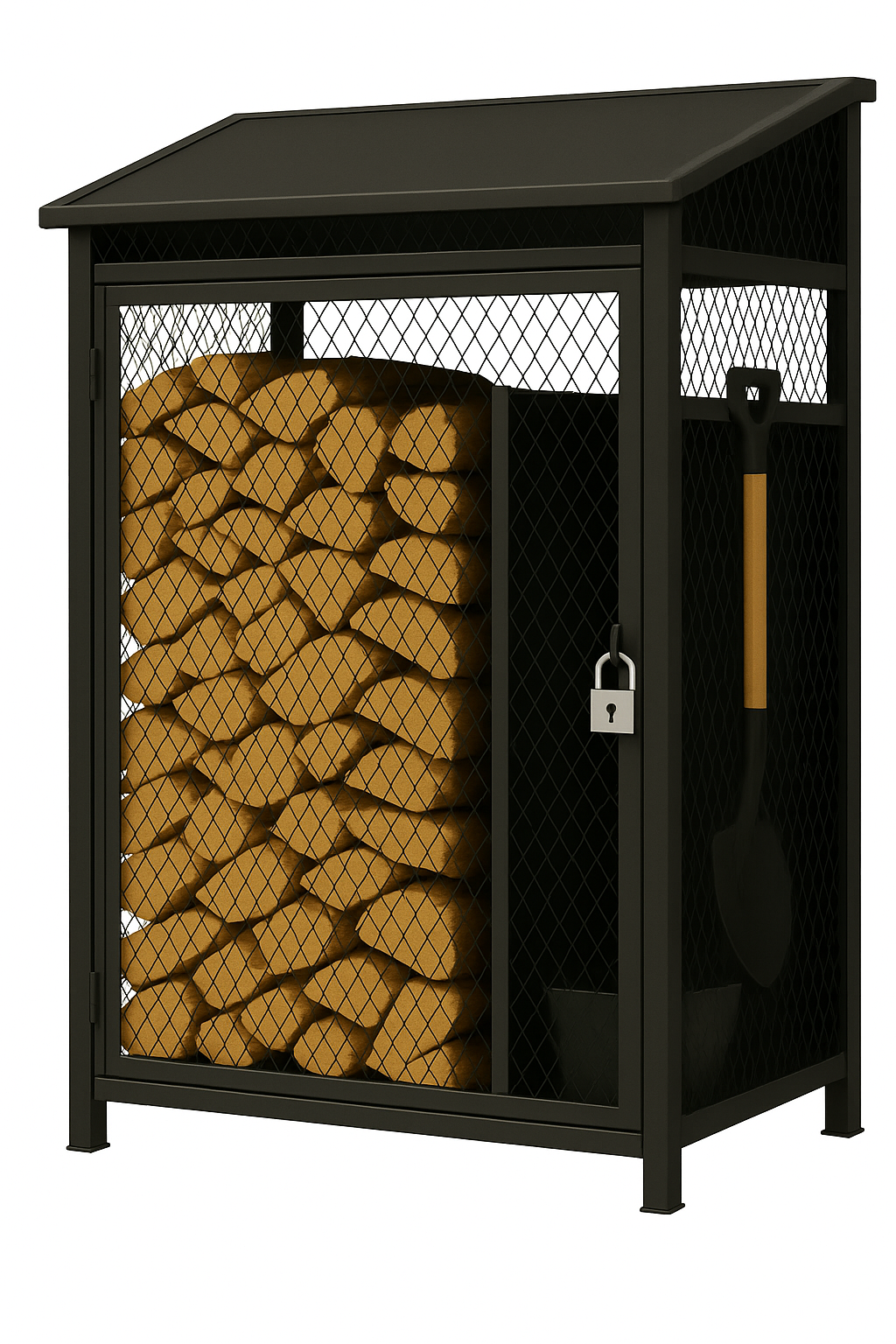 Armoire de rangement pour bûche avec casier de rangement , porte et loquet pour cadenas. Tout grillagé avec toit . Disponible selon vos mesures et besoin .